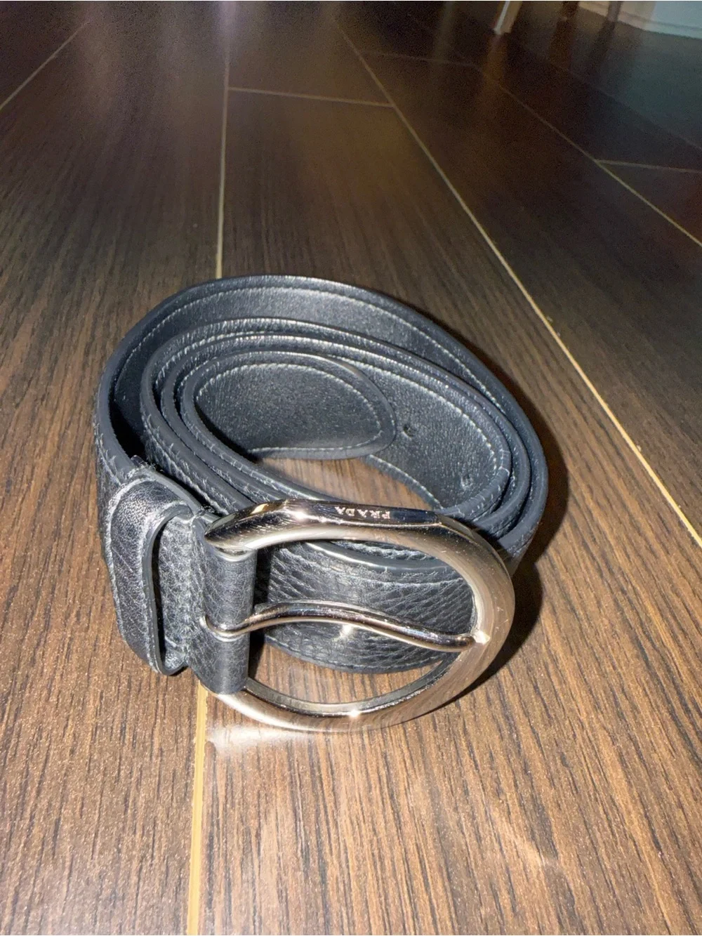 Prada Black Leather Belt with Silver O-Ring Buckle